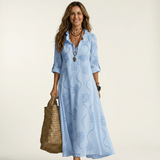 Mariam | Cotton-Linen Maxi Dress with Tonal Floral Embroidery – Light Blue | The Bellemont Sisters Australia