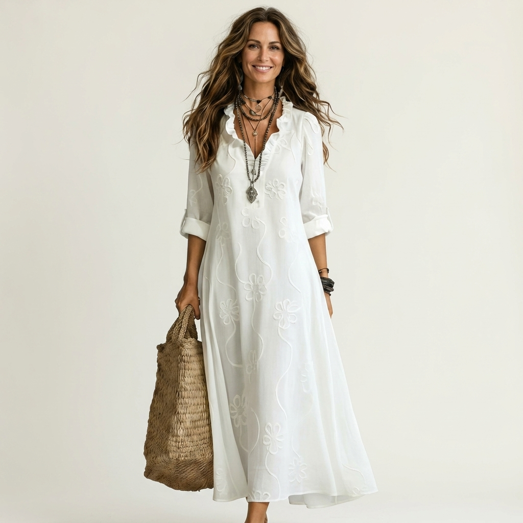 Mariam | Cotton-Linen Maxi Dress with Tonal Floral Embroidery – White | The Bellemont Sisters Australia