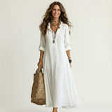 Mariam | Cotton-Linen Maxi Dress with Tonal Floral Embroidery – White | The Bellemont Sisters Australia