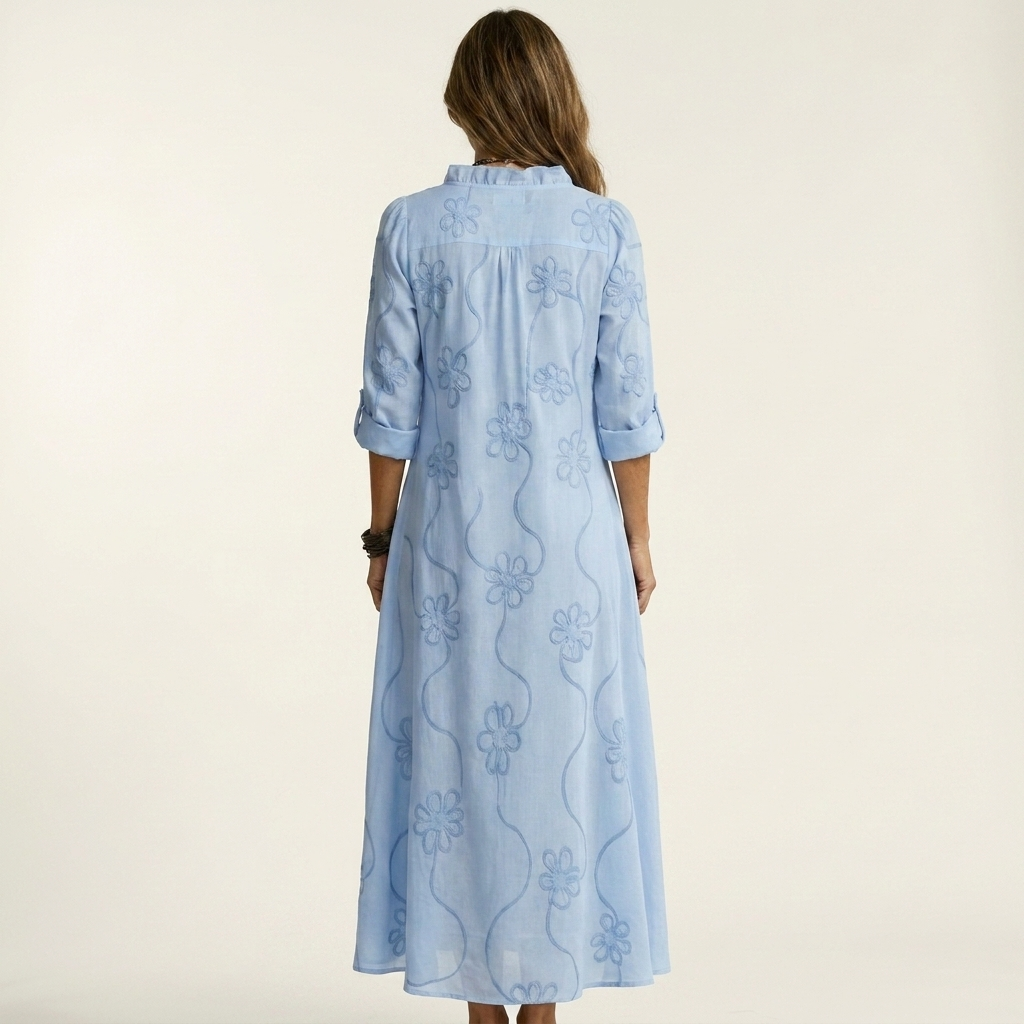 Mariam | Cotton-Linen Maxi Dress with Tonal Floral Embroidery | The Bellemont Sisters Australia