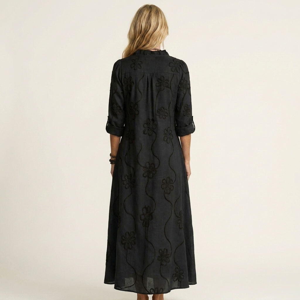 Mariam | Cotton-Linen Maxi Dress with Tonal Floral Embroidery | The Bellemont Sisters Australia