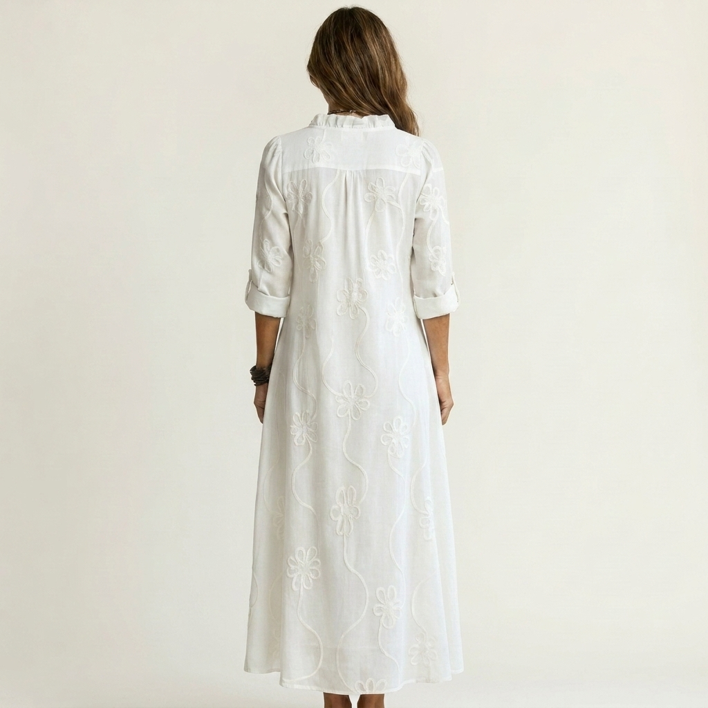 Mariam | Cotton-Linen Maxi Dress with Tonal Floral Embroidery | The Bellemont Sisters Australia
