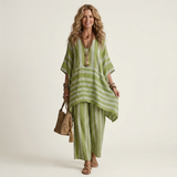Kiara | Two-Piece Striped Cotton-Linen Set – Olive | The Bellemont Sisters Australia