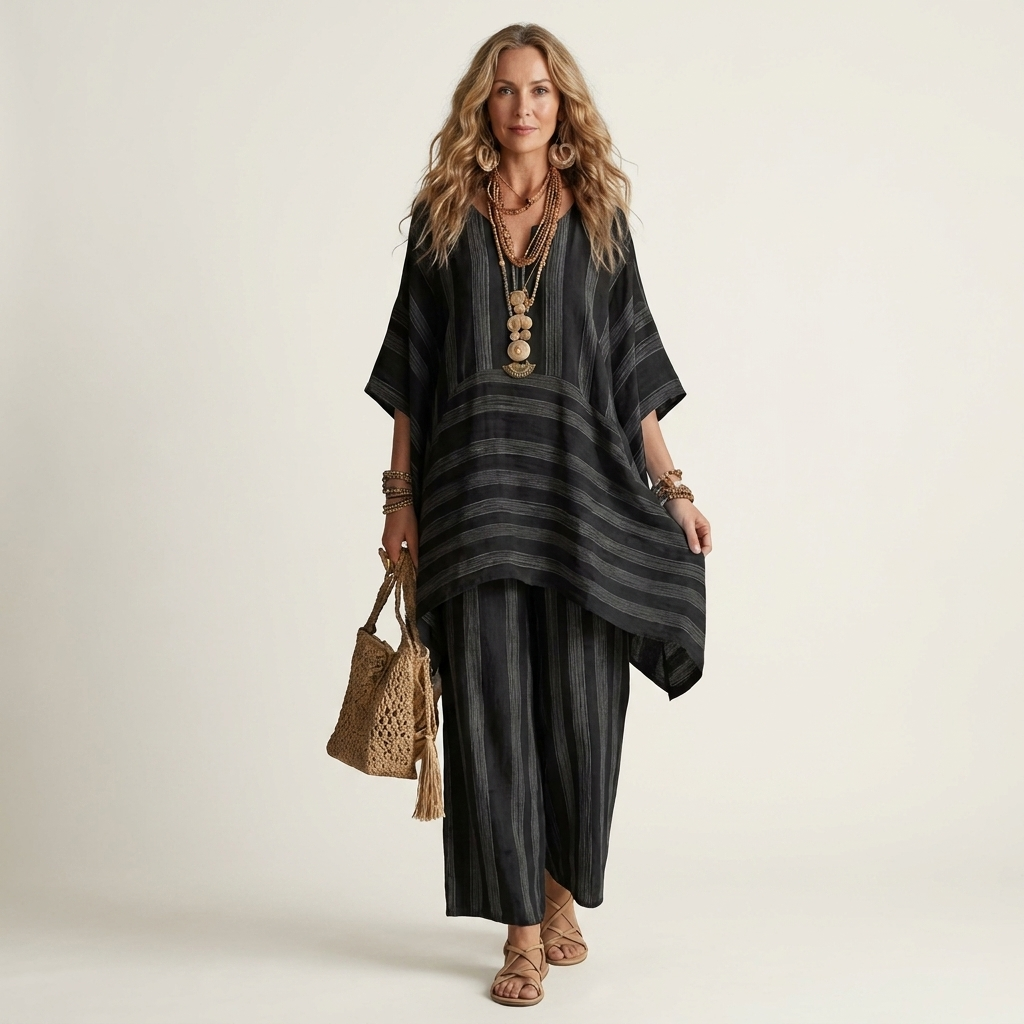 Kiara | Two-Piece Striped Cotton-Linen Set – Black | The Bellemont Sisters Australia