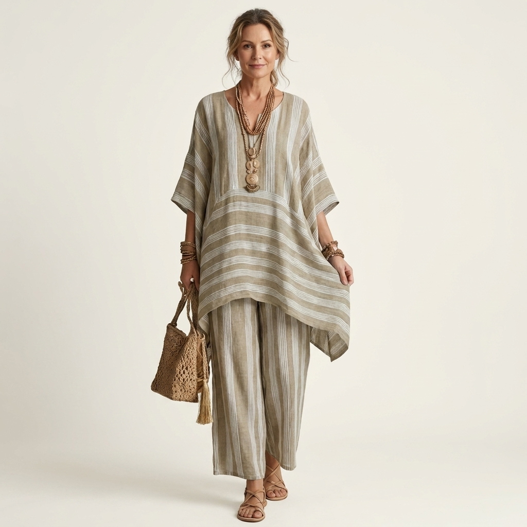Kiara | Two-Piece Striped Cotton-Linen Set – Khaki | The Bellemont Sisters Australia