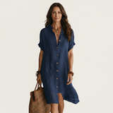 Nidalie | Cotton-Linen Midi Shirt Dress with Rolled Cuffs – Blue | The Bellemont Sisters Australia