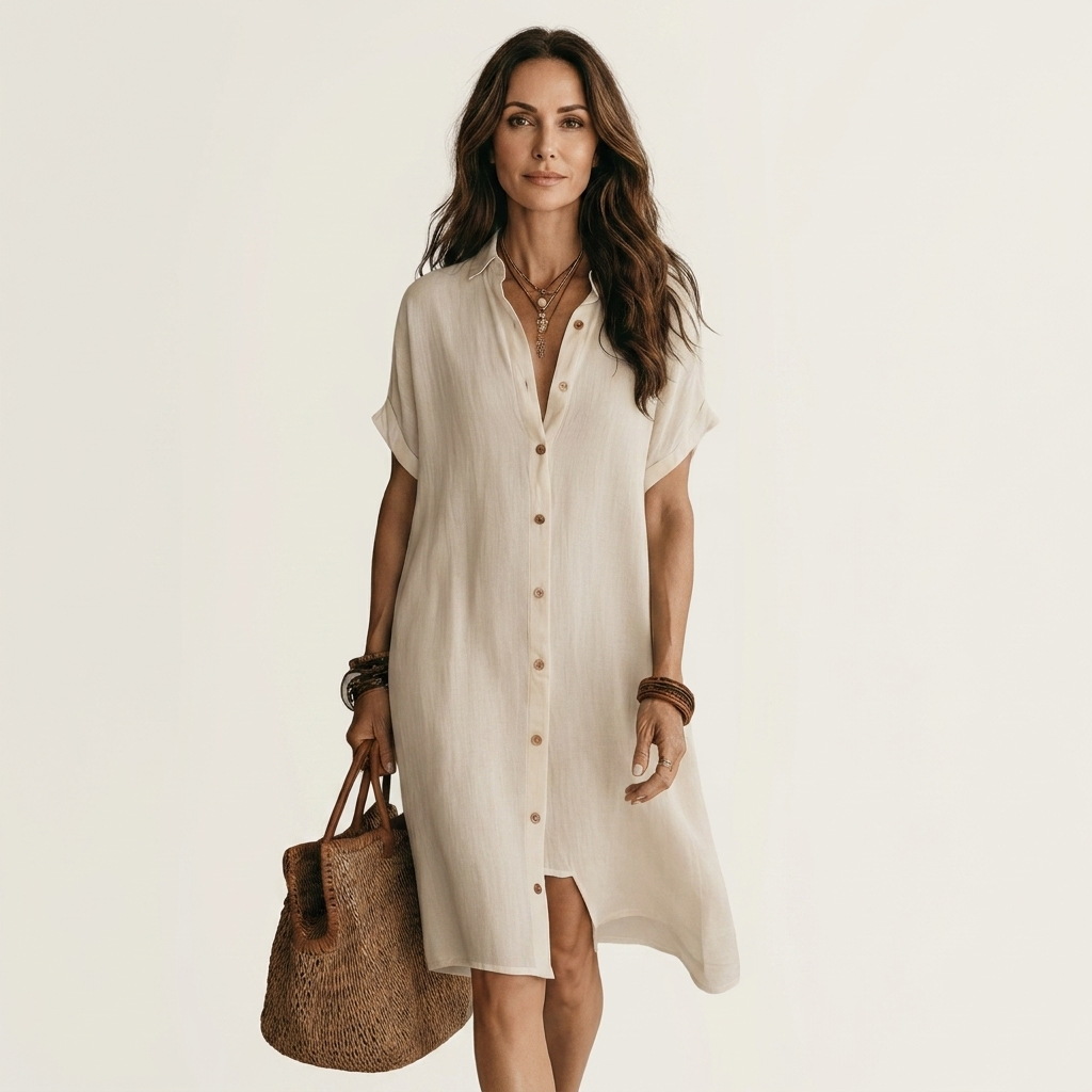 Nidalie | Cotton-Linen Midi Shirt Dress with Rolled Cuffs – White | The Bellemont Sisters Australia