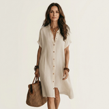 Nidalie | Cotton-Linen Midi Shirt Dress with Rolled Cuffs – White | The Bellemont Sisters Australia