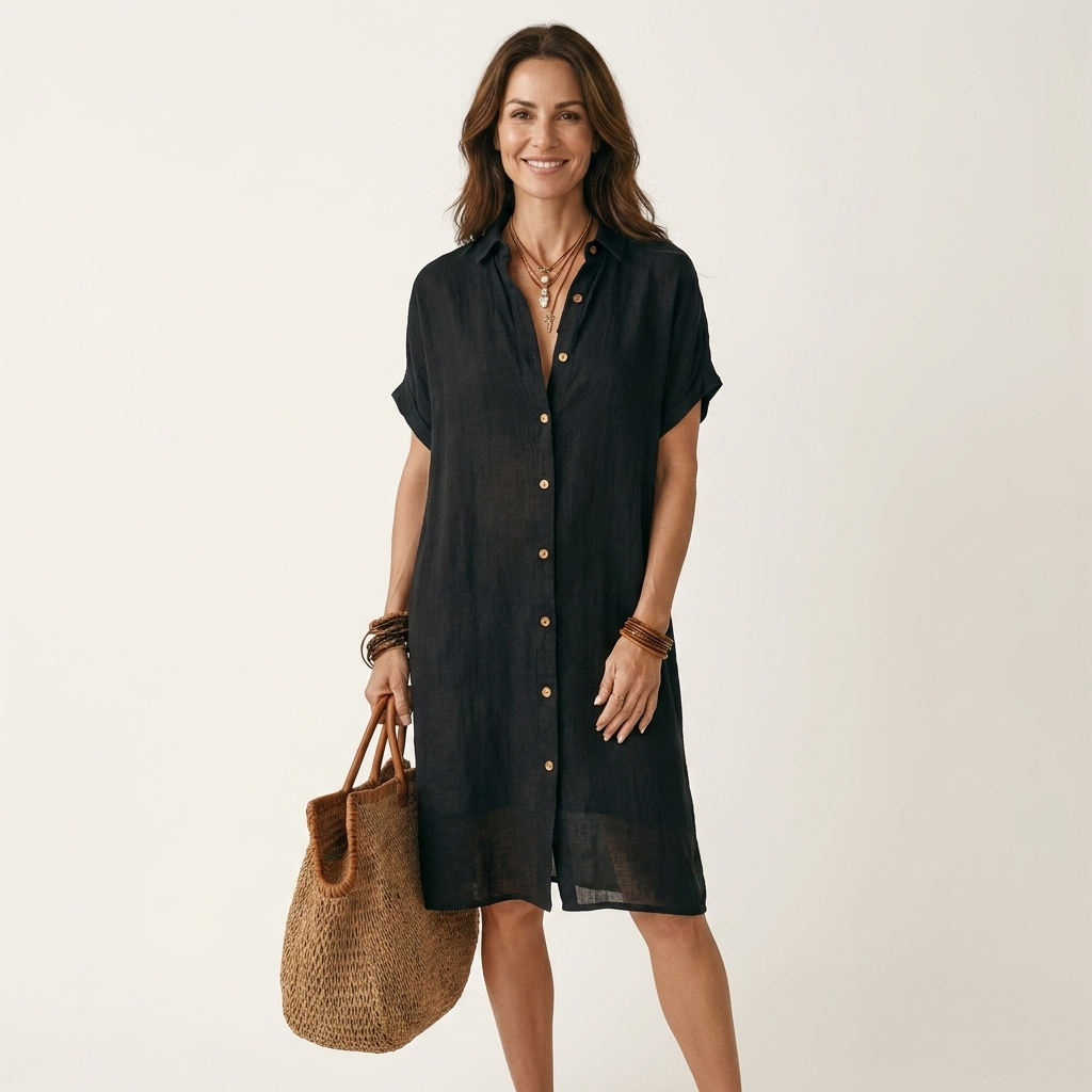 Nidalie | Cotton-Linen Midi Shirt Dress with Rolled Cuffs – Black | The Bellemont Sisters Australia