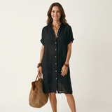Nidalie | Cotton-Linen Midi Shirt Dress with Rolled Cuffs – Black | The Bellemont Sisters Australia