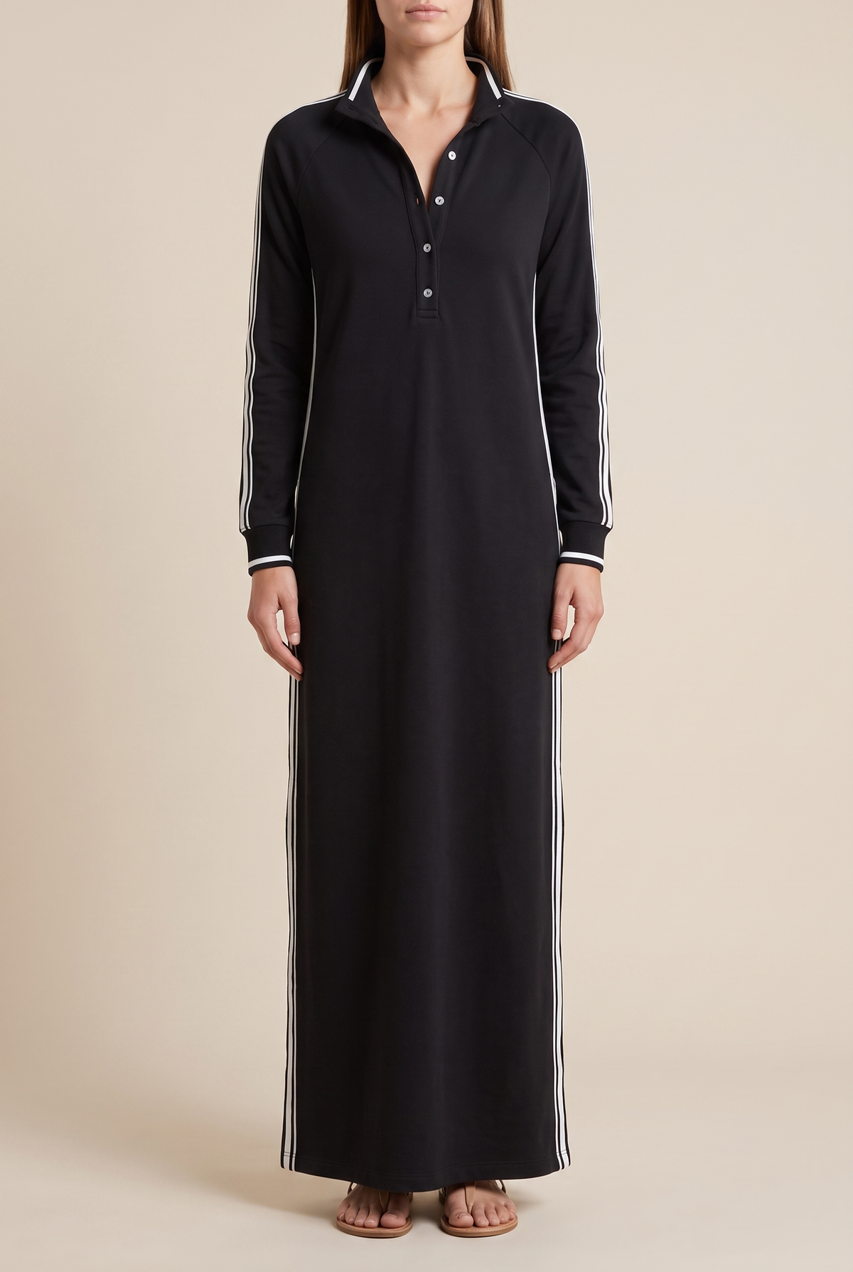 White-Trimmed Button-Down Collar Sweatshirt Maxi Dress – Black | The Bellemont Sisters Australia