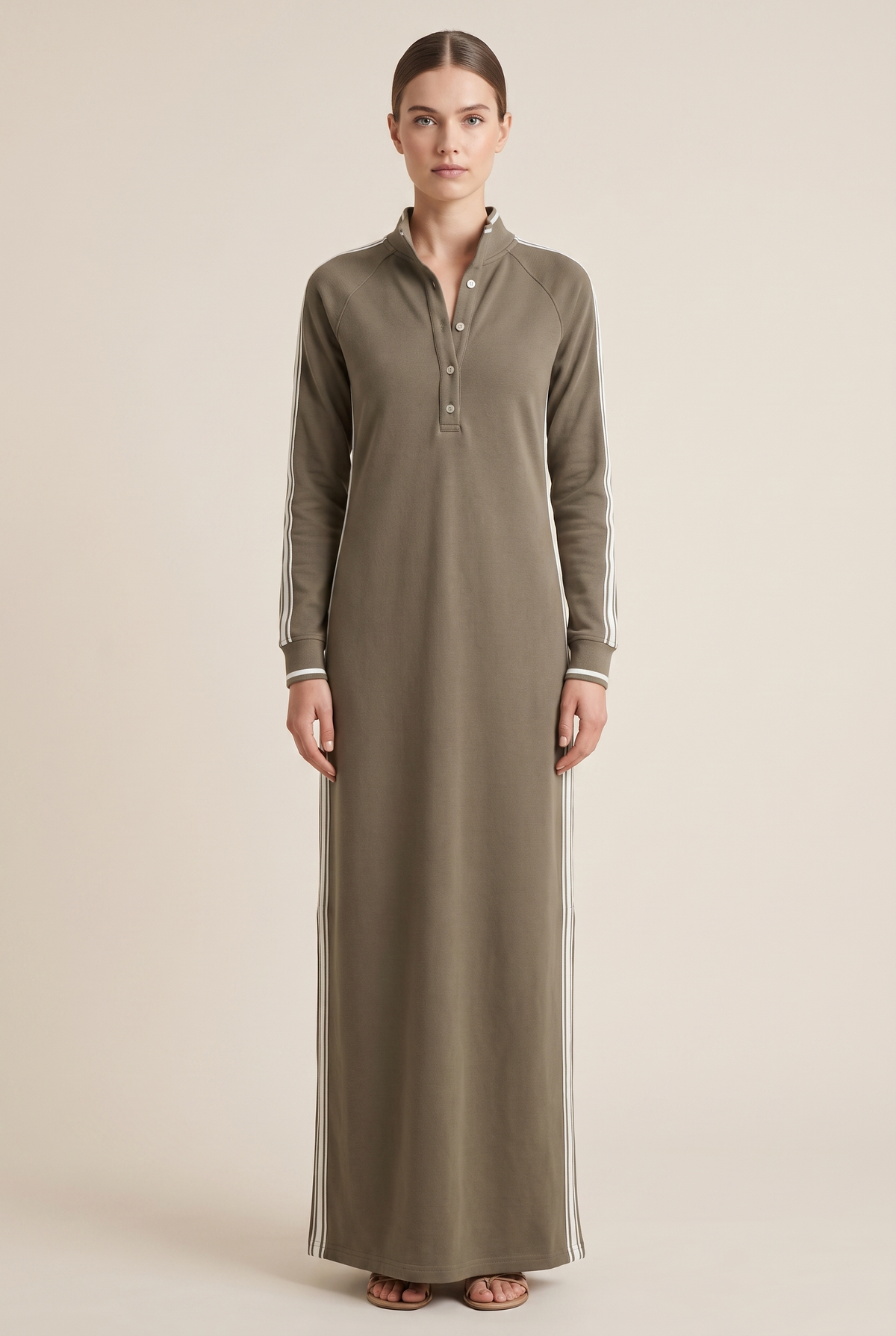 White-Trimmed Button-Down Collar Sweatshirt Maxi Dress – Khaki | The Bellemont Sisters Australia