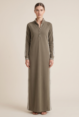 White-Trimmed Button-Down Collar Sweatshirt Maxi Dress – Khaki | The Bellemont Sisters Australia