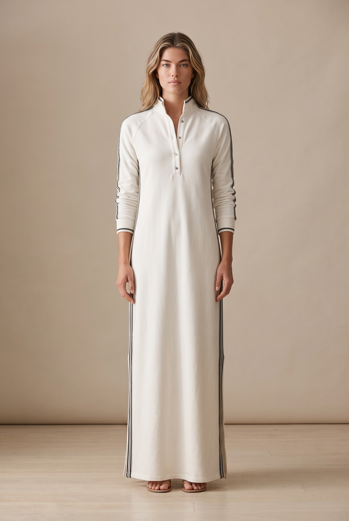White-Trimmed Button-Down Collar Sweatshirt Maxi Dress – White | The Bellemont Sisters Australia