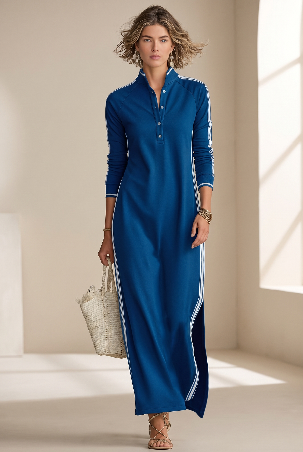 White-Trimmed Button-Down Collar Sweatshirt Maxi Dress – Royal Blue | The Bellemont Sisters Australia
