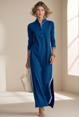 White-Trimmed Button-Down Collar Sweatshirt Maxi Dress – Royal Blue | The Bellemont Sisters Australia