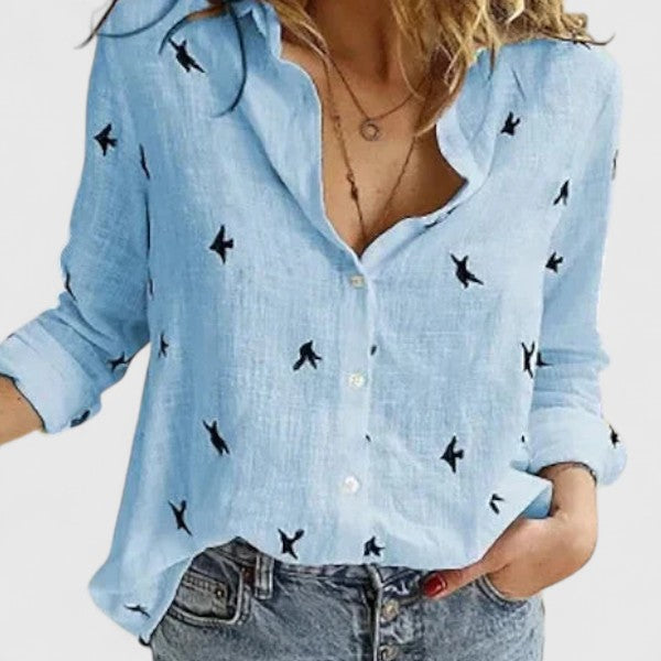Faith | Women’s Linen V Neck Button Blouse – Blue 2 | The Bellemont Sisters Australia