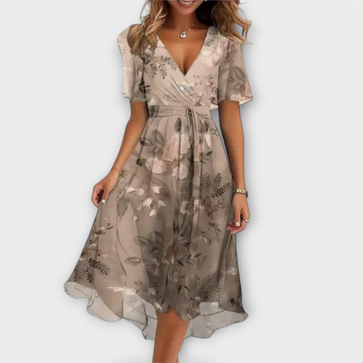 Rydicea | Elegant Dress – Beige | The Bellemont Sisters Australia