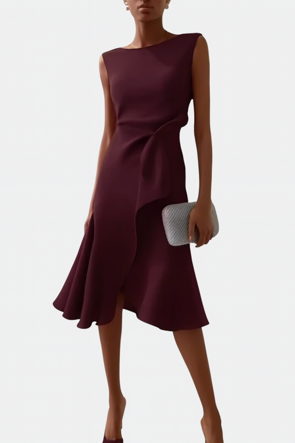 Eleanor | Women’s Draped Asymmetric Midi Dress – Burgundy | The Bellemont Sisters Australia