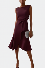 Eleanor | Women’s Draped Asymmetric Midi Dress – Burgundy | The Bellemont Sisters Australia