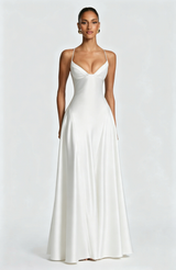 Elara | Women's Evening Satin Cupped Maxi Dress – White | The Bellemont Sisters Australia