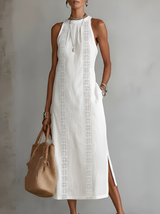 Jimena™ | Relaxed Embroidered Mandarin Collar Midi Dress – White | The Bellemont Sisters Australia