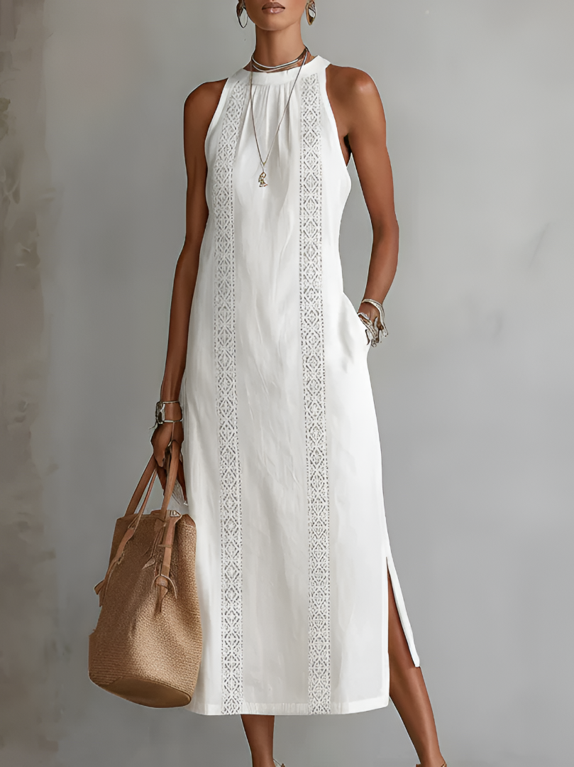 Jimena | Relaxed Embroidered Mandarin Collar Midi Dress – White | The Bellemont Sisters Australia