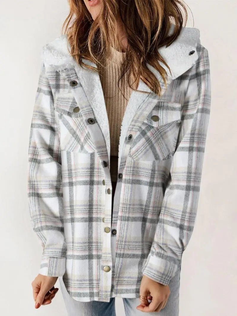 Woolie | Cozy Plaid Fleece-Lined Jacket – White | The Bellemont Sisters Australia