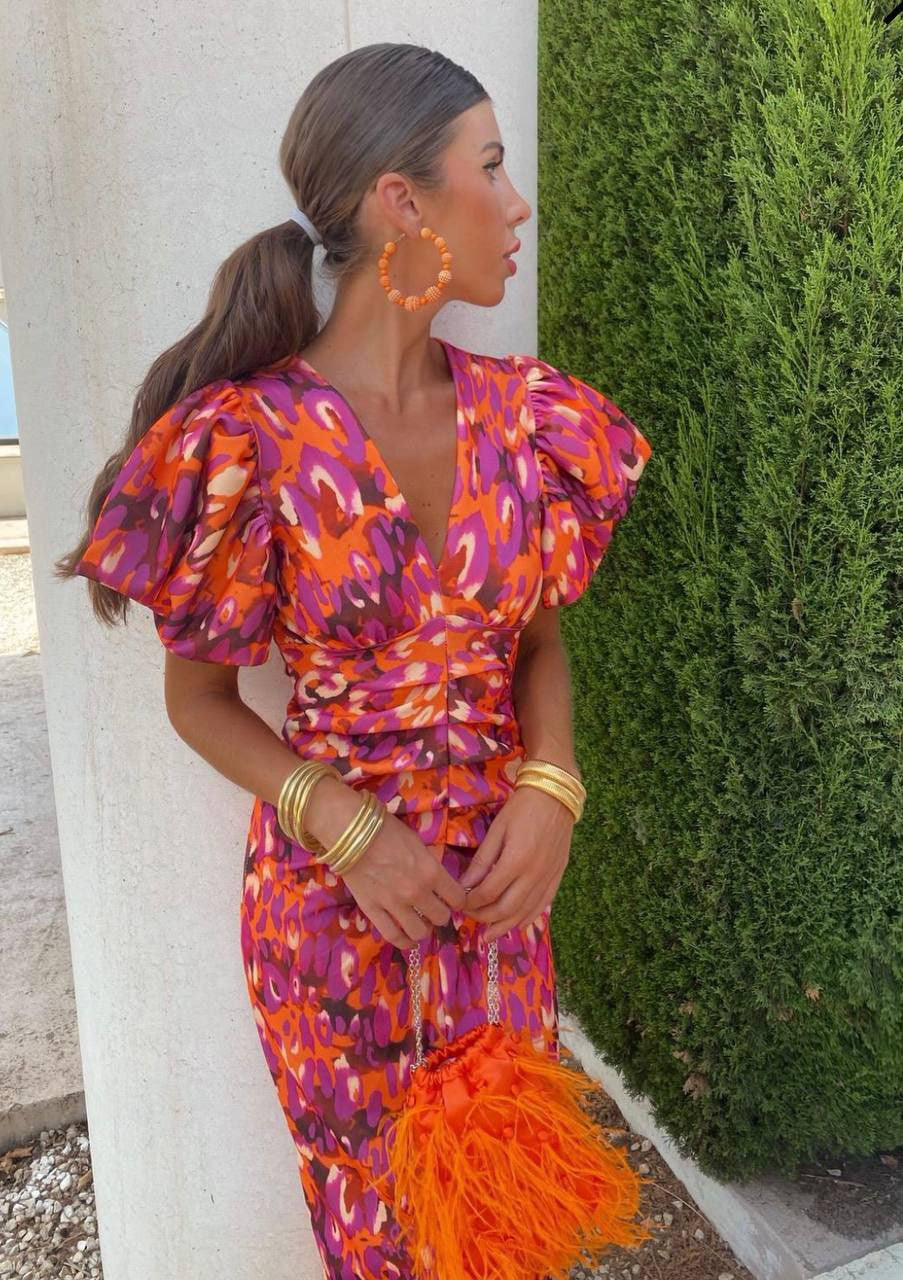 Florence | Elegant Summer Dress – Orange/Purple | The Bellemont Sisters Australia