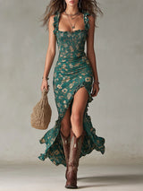 Zara | Bohemian Floral Ruched Maxi Dress with Side Slit – Green | The Bellemont Sisters Australia