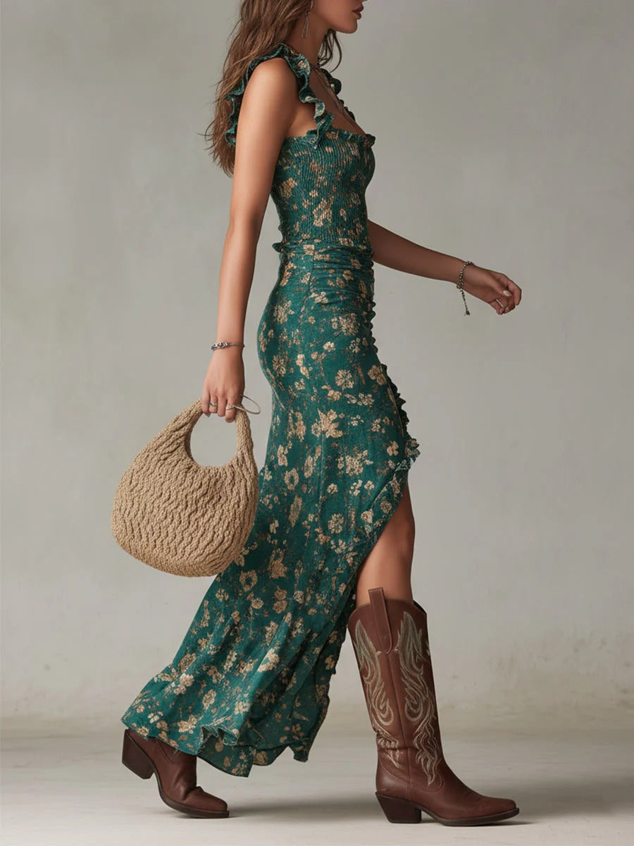 Zara | Bohemian Floral Ruched Maxi Dress with Side Slit | The Bellemont Sisters Australia