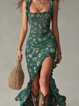 Zara | Bohemian Floral Ruched Maxi Dress with Side Slit | The Bellemont Sisters Australia