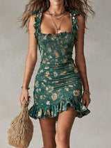 Bohemian Green Printed Ruffled Mini Dress | The Bellemont Sisters Australia