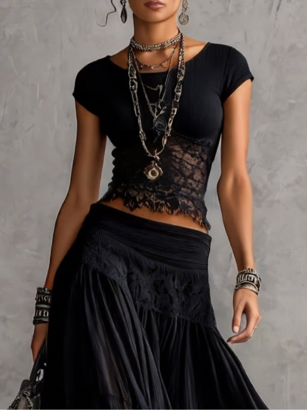 Black Sheer Lace-Paneled Top and Pleated Maxi Skirt Set | The Bellemont Sisters Australia