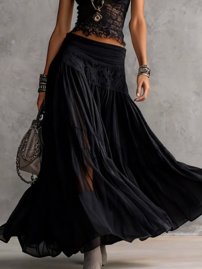 Black Sheer Lace-Paneled Top and Pleated Maxi Skirt Set | The Bellemont Sisters Australia