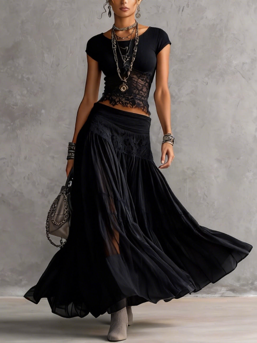 Black Sheer Lace-Paneled Top and Pleated Maxi Skirt Set – Black | The Bellemont Sisters Australia