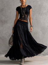 Black Sheer Lace-Paneled Top and Pleated Maxi Skirt Set – Black | The Bellemont Sisters Australia