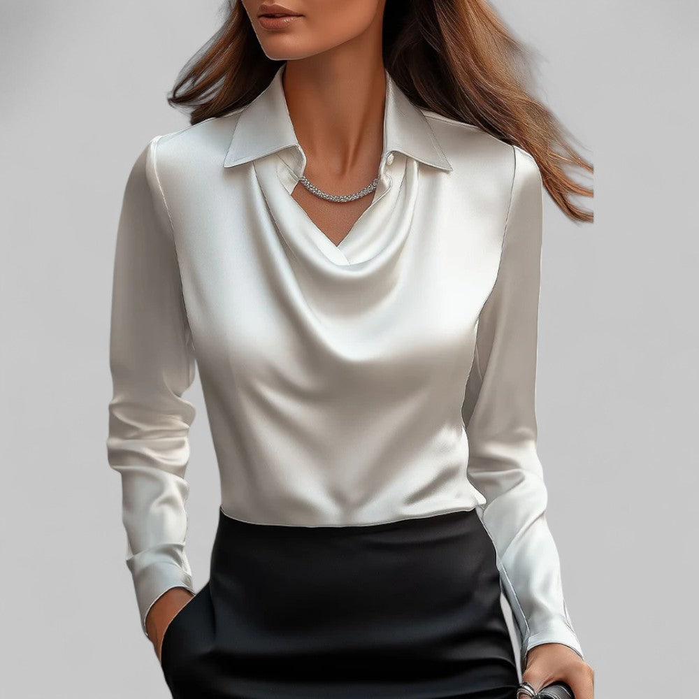 Rose | Women’s Draped Neck Long Sleeve Satin Blouses – White | The Bellemont Sisters Australia