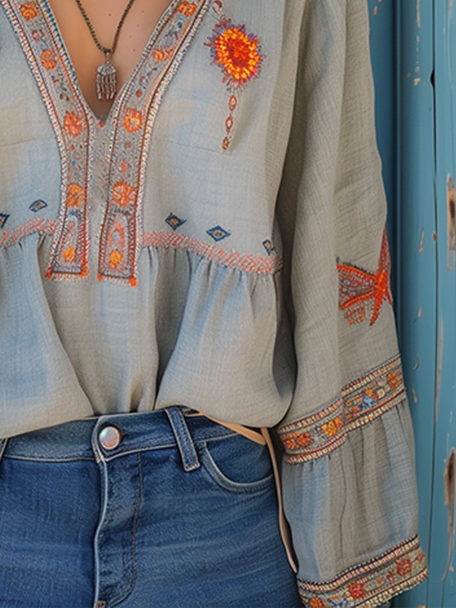 Penelope | Women Bohemian Embroidered V Neck Blouse | The Bellemont Sisters Australia