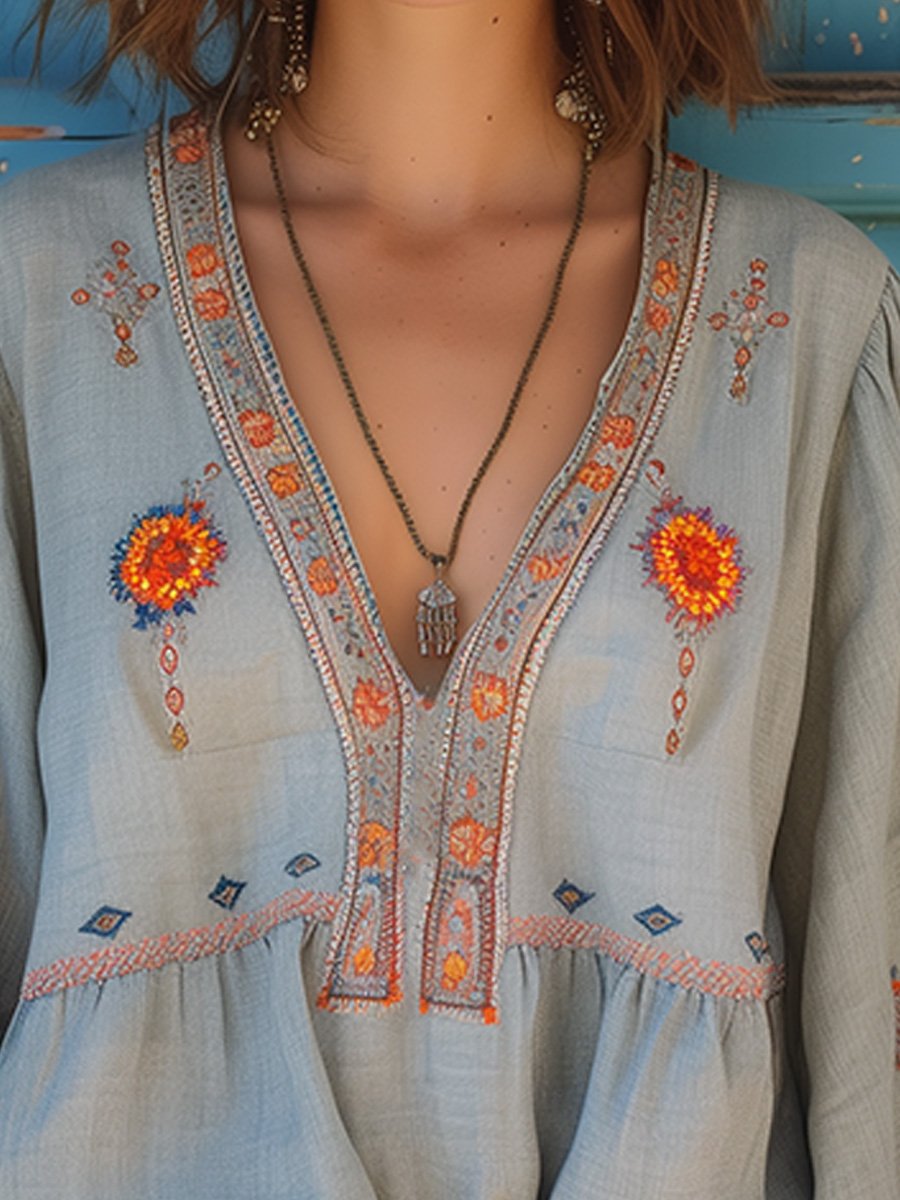 Penelope | Women Bohemian Embroidered V Neck Blouse | The Bellemont Sisters Australia