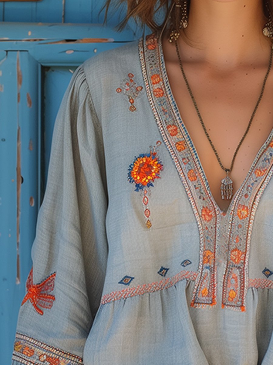 Penelope | Women Bohemian Embroidered V Neck Blouse | The Bellemont Sisters Australia