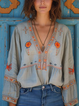 Penelope | Women Bohemian Embroidered V Neck Blouse – Light Blue | The Bellemont Sisters Australia