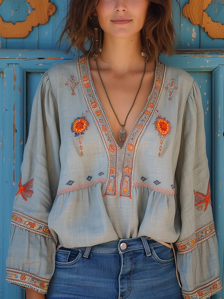 Penelope | Women Bohemian Embroidered V Neck Blouse – Light Blue | The Bellemont Sisters Australia