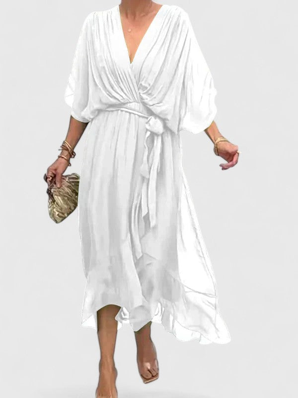 Nada | Elegant V Neck Dress – White | The Bellemont Sisters Australia