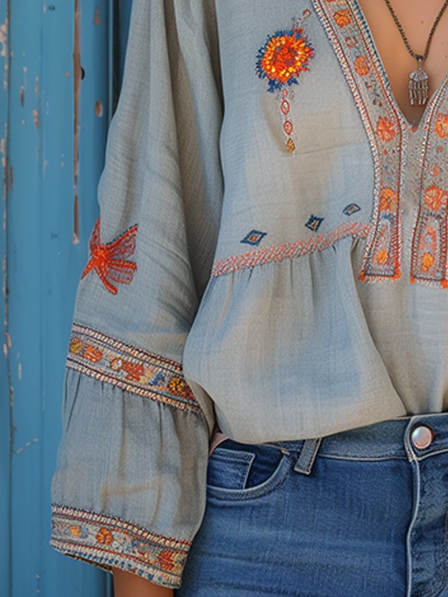 Penelope | Women Bohemian Embroidered V Neck Blouse | The Bellemont Sisters Australia