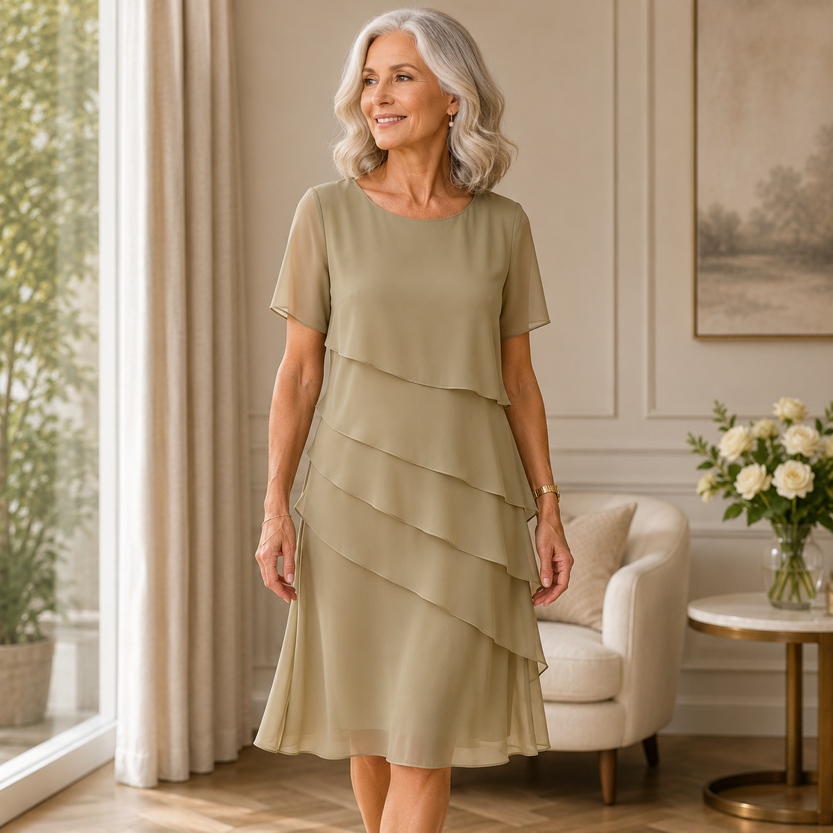LINDA  | Elegant Comfort Ruffle Dress – Khaki | The Bellemont Sisters Australia