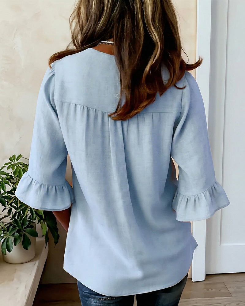 Janet | V-Neck Blouse with Wooden Buttons and Ruffled Sleeves | The Bellemont Sisters Australia
