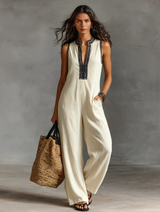 Women's Minimalist Linen Blend Sleeveless Jumpsuit With Zipper And Stand Collar, Featuring Embroidery MDZ0627B3Y | The Bellem