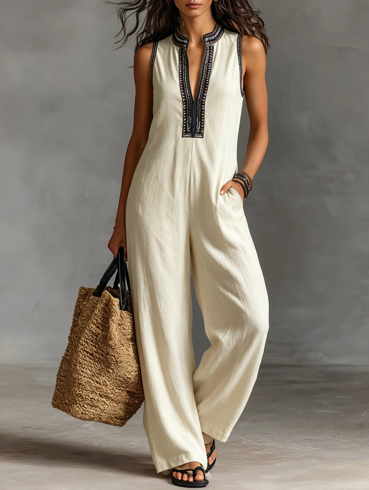 Women's Minimalist Linen Blend Sleeveless Jumpsuit With Zipper And Stand Collar, Featuring Embroidery MDZ0627B3Y – Photo Colo