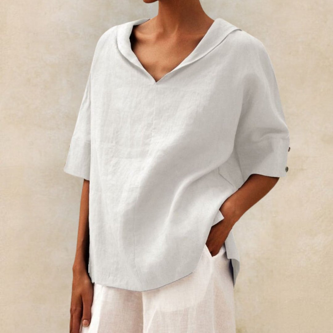 Clara | Women’s Spring Relaxed V-Neck Top – White | The Bellemont Sisters Australia